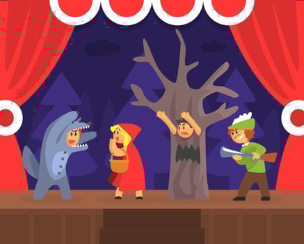 Children Theatre Performance, Kids Actors Performing Red Hood Fairy Tale Show Scene on Stage with Red Curtains Illustration vector