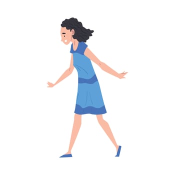 Side View of Brunette Woman Walking Wearing Blue Dress Illustration vector