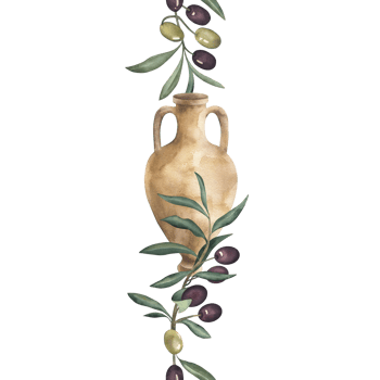 Seamless border with watercolor illustration of clay amphora with olive branches, green, black fruits, leaves. Hand drawn Mediterranean element, for labels, packaging, organic products, natural oil png