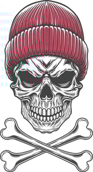 Skull with a red knitted hat and crossed bones vector