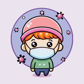 Cartoon Boy Wearing Mask Surrounded By Coronavirus Molecules Illustration vector