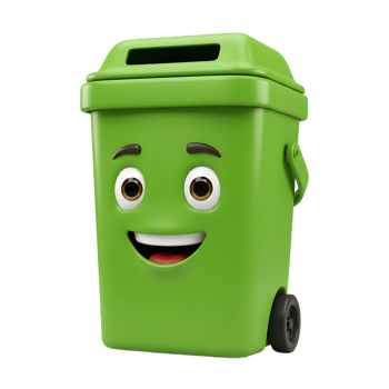 Smiling Green Trash Container Character on Wheels Promoting Cleanliness png