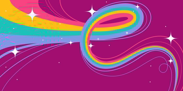 Colorful Abstract Design with Squiggle Wavy Lines and Sparkling Stars on Purple Background. Retro cosmic swirls with vibrant movement. Perfect for futuristic prints, party and space themes vector