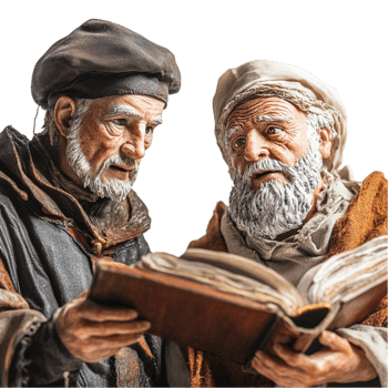 Two Elderly Scholars Reading Together png