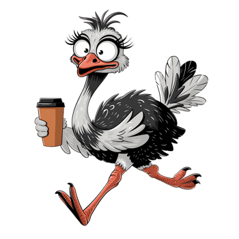 cartoon ostrich running with coffee cup on transparent background png