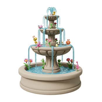 Three Tiered Fountain with Water Cascading and Small Clay Creatures png