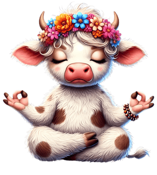 cute cow in yoga pose with flowers on her head png