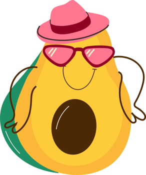 A happy avocado character sporting sunglasses and a summer hat, exuding fun tropical vibes png