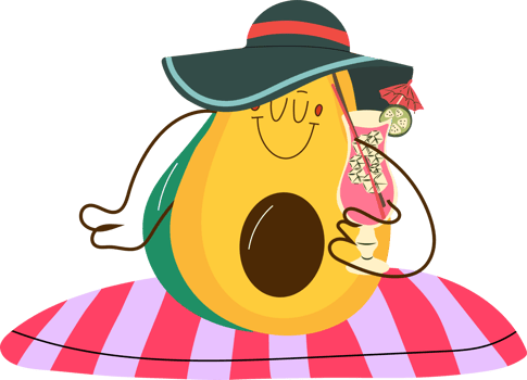 A cheerful avocado wearing a summer hat and holding a cocktail, radiating tropical vacation vibes png