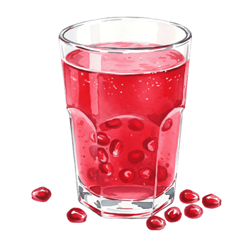 A Watercolor filled with a red liquid containing seeds and some seeds scattered around the Watercolor base area on transparent background png