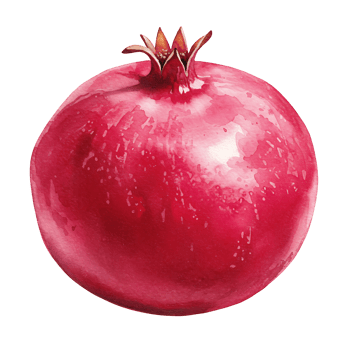 A Watercolor pomegranate with a crown on top in a watercolor style against a plain and simple setting shown on transparent background png