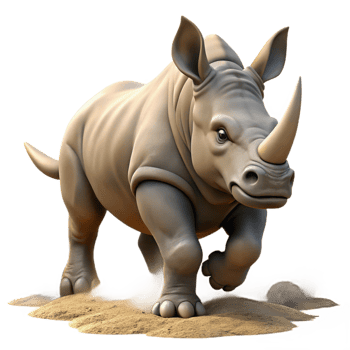 dreamy glorious A rhinoceros charging through the savanna, powerful and dynamic, dust clouds high resolution png