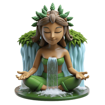 alluring melancholic creative A serene dryad with skin of bark and hair of leaves, meditating beneath a waterfall, peaceful and calming perfect clarity png