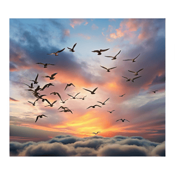 inspired renaissance A flock of migratory birds flying in formation against a dramatic sunset sky, painted in a romantic style professional png