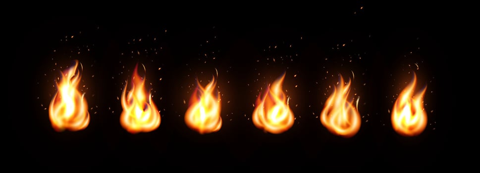 Realistic burning fire icon set. Bright hot flame with glowing light, heat effect, ember particles. Decorative design element for animation, game interface, web, app. illustration. vector