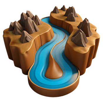 stunning sought after A winding river cutting through a canyon landscape, aerial view, with dramatic lighting and shadows png