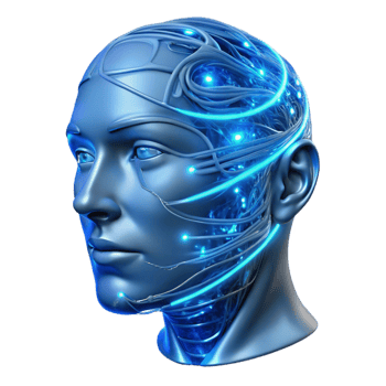 playful extraordinary A transparent human head filled with swirling lines of code, illuminated from within by a pulsating blue light, cyberpunk style high resolution png