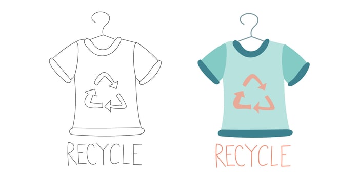 Pastel blue T-shirt on hanger with recycle arrows, representing eco fashion, textile reuse, and conscious wardrobe choices for sustainable living vector