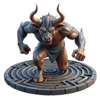 dreamy elegant A powerful Minotaur charging through a labyrinth, dramatic chiaroscuro lighting, baroque painting style professional png