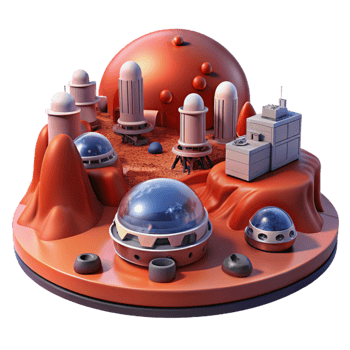 dramatic majestic A futuristic city on Mars, red dust covering buildings, pressurized domes, rovers driving in the distance masterfully captured png