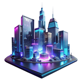 extraordinary iconic A futuristic cityscape at night, towering holographic advertisements shimmering in the rain, cyberpunk style, neon lights reflecting in puddles, viewed from a low angle png