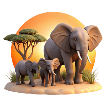 acclaimed artistic A family of elephants walking across the savanna, sunset lighting, cinematic style elite png