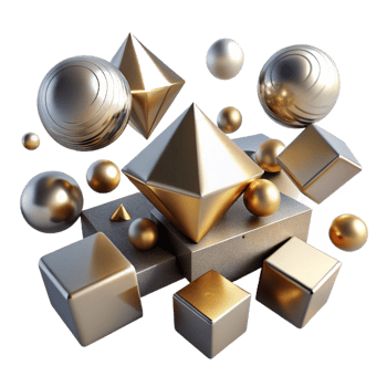 alluring tranquil baroque A field of floating, geometric primitives cubes, spheres, cones with a metallic texture, illuminated by a sharp, directional light source from above museum quality png