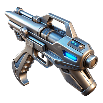 distinguished coastal A futuristic weapon, sleek and metallic, with intricate engravings, levitating in a zero gravity environment. Studio lighting, realistic style museum quality png