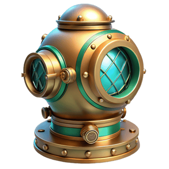 immaculate distinguished A steampunk diving suit, made of brass and copper, with large glass portholes and intricate pressure gauges. Underwater lighting with a blue green tint png