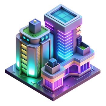 vibrant contemporary Isometric view of a futuristic apartment complex, vibrant colors, cyberpunk style, neon lights, handcrafted png