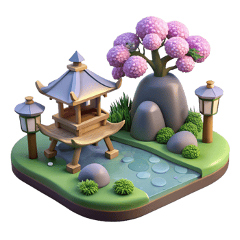 spectacular abstract A traditional Japanese garden with a pond, stone lanterns, and carefully pruned trees, soft diffuse daylight, photorealistic style sharp png