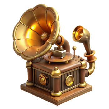 captivating dynamic baroque A steampunk gramophone, intricately designed with brass horns and gears, playing a melody. Warm, lamplight lighting. Vintage style professional png