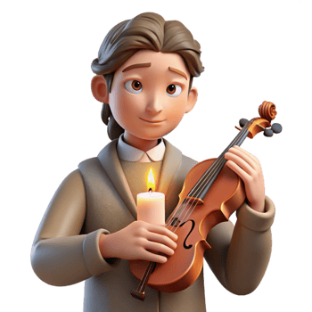 standout avant garde Portrait of a melancholic musician holding a violin, lit by the soft glow of a candle, in a Romantic style genuine png