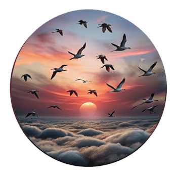 pristine unparalleled A flock of migratory birds flying in formation against a dramatic sunset sky, painted in a romantic style png