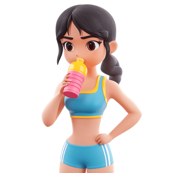 3D rendering of a sporty young woman drinking water from a bottle after workout for hydration and fitness concept on a transparent background png