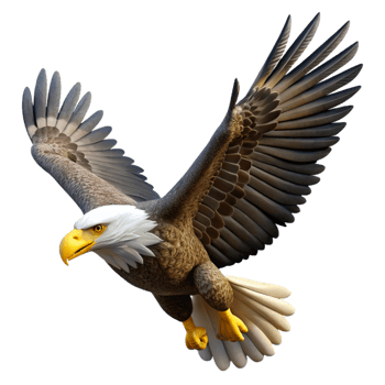 tranquil magnificent A majestic bald eagle soaring through the sky, cloudscape background, realistic rendering fine detail png
