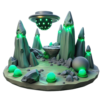signature mid century A desolate alien landscape with strange rock formations, eerie green lighting, otherworldly atmosphere, science fiction style, studio quality png