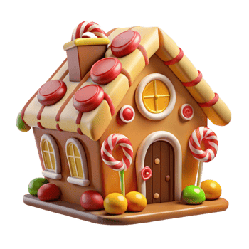 alluring industrial A whimsical gingerbread house, colorful candy decorations, warm light, festive atmosphere, fairytale style, crisp png
