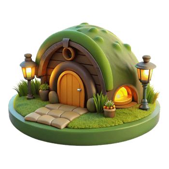 whimsical captivating A hobbit hole nestled in a hillside, lush green grass, warm firelight, cozy atmosphere, top tier png