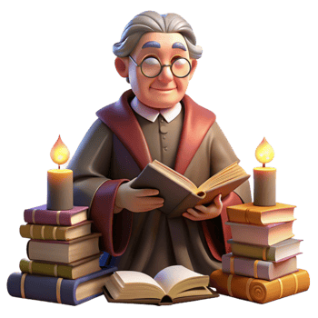 acclaimed contemporary Portrait of a wizened old librarian surrounded by floating books, wearing spectacles and a velvet robe, lit by warm candlelight, in a painterly style fine detail png