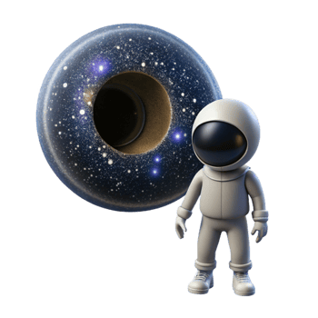 mesmerizing playful surreal A lone astronaut gazing at a colossal black hole, stars swirling around it, depicted in a photorealistic style with cosmic dust particles masterfully captured png