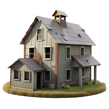 nostalgic enchanting An abandoned farmhouse with peeling paint and broken windows, overcast sky with subtle light gradients, rural landscape photography style impeccable png
