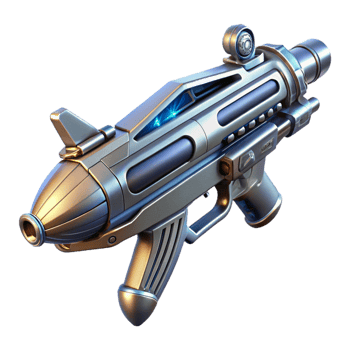 radiant celebrated A futuristic weapon, sleek and metallic, with intricate engravings, levitating in a zero gravity environment. Studio lighting, realistic style png