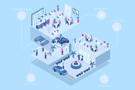 Restaurant 3d isometric concept for web design. People in isometry rooms come to cafeteria entrance, sit by tables in main hall or terrace, drinking at bar, staff work at kitchen. illustration. vector