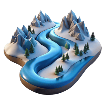 striking reflective gothic A winding river carving through a snow covered mountain valley, aerial view, crisp winter light, photographic style impeccable png