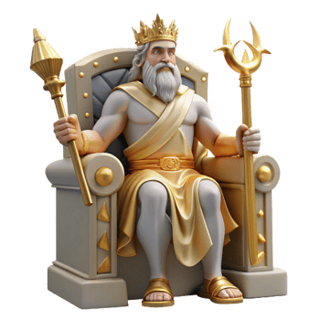 iconic rustic A majestic Zeus, the king of the Olympian gods, holding a lightning bolt, seated on a golden throne, surrounded by clouds. Baroque style 4K png