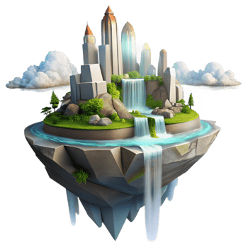 vibrant baroque A floating island city with waterfalls cascading down its sides, bright midday sunlight, digital painting style handcrafted png