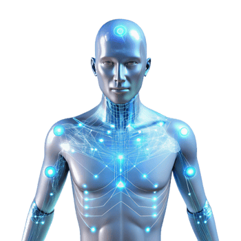 glorious creative A transparent human figure with glowing circuitry visible beneath the skin, surrounded by data streams, illuminated by a soft white light, in a cyberpunk style authentic png