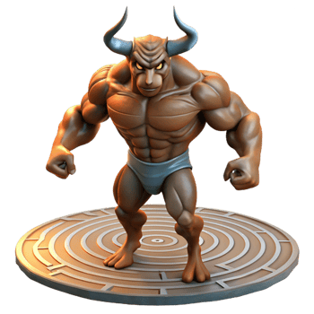melancholic captivating A powerful Minotaur standing in the labyrinth, muscles rippling in the torchlight, realistic and detailed, elite png