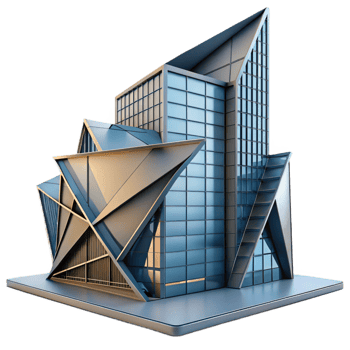 striking industrial A decontructivist office building, sharp angles, distorted forms, dramatic lighting, expertly shot png